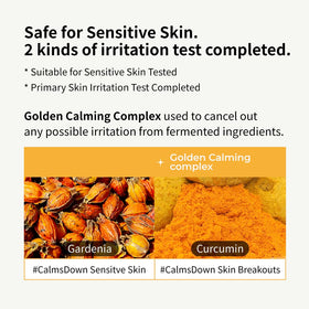 Fermented ingredients and golden calming complex showcased on packaging.