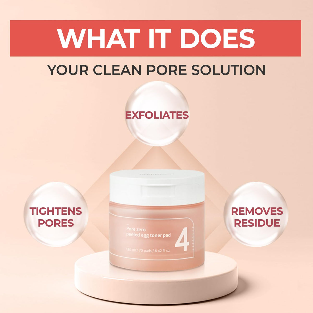 Numbuzin No.4 pads show exfoliating ingredients for refined skin texture.