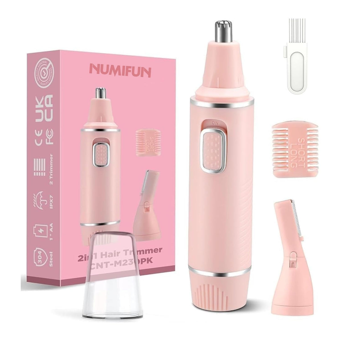 NUMIFUN nose hair trimmer pink front view for painless facial grooming on the go