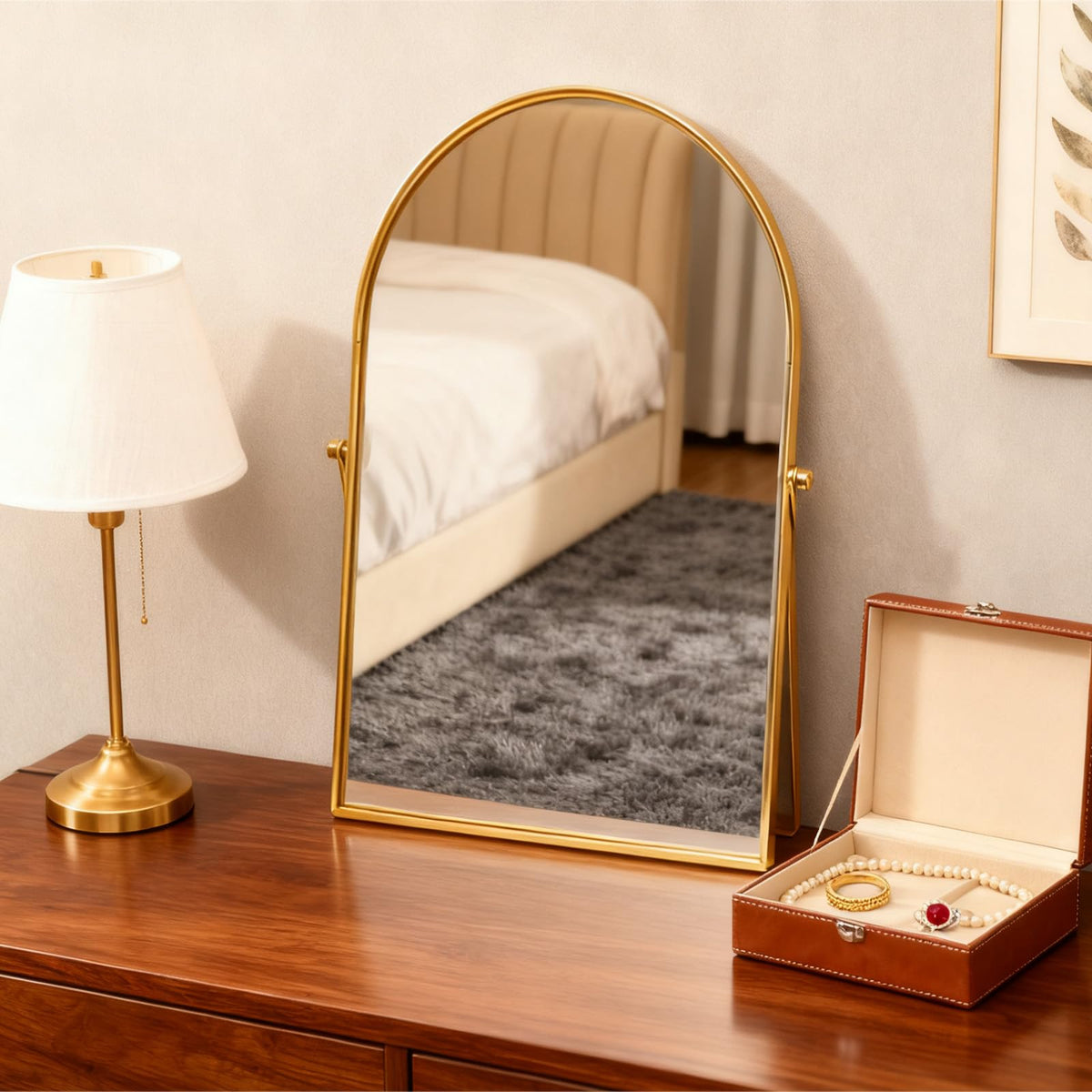 Numjeg golden metal vanity mirror with adjustable angle for precise makeup
