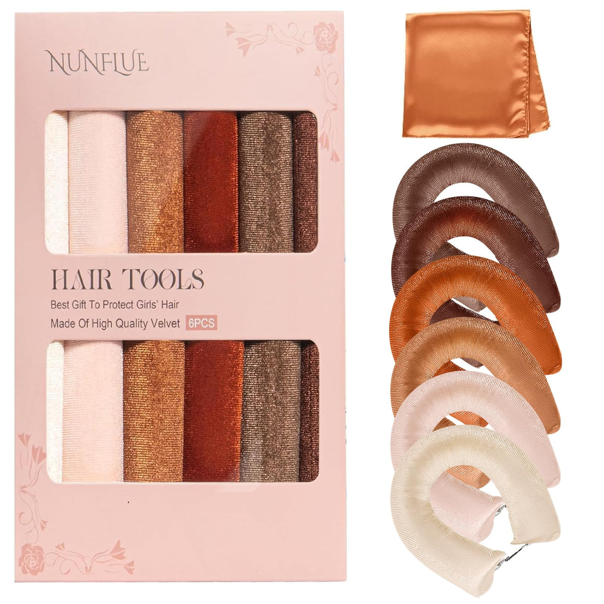 Nunflue heatless curls overnight set in Rosebrown packaging showing six pieces