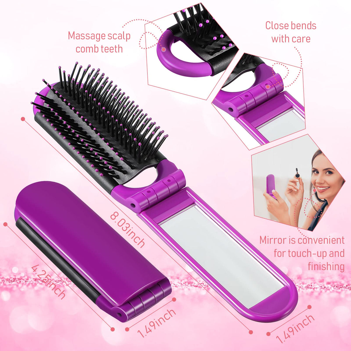 Nuogo red folding brush with mirror, compact family-friendly tool