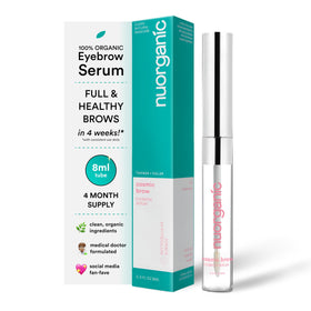 NuOrganic Cosmic Brow serum bottle supports natural brow growth and definition.