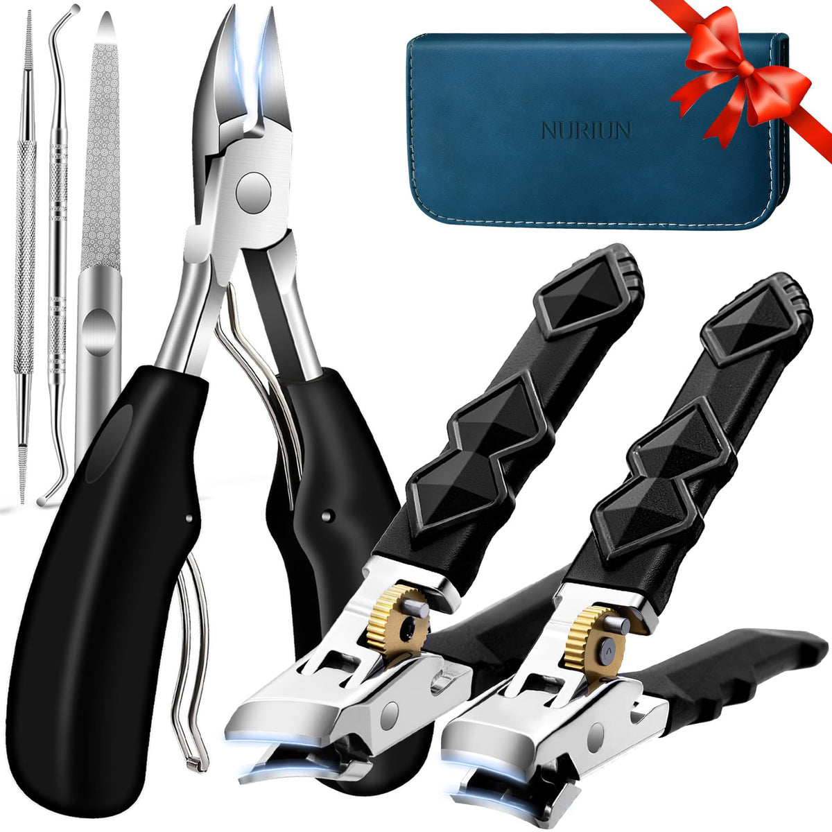 NURIUN 6-piece toenail clipper set open in leather case for easy travel