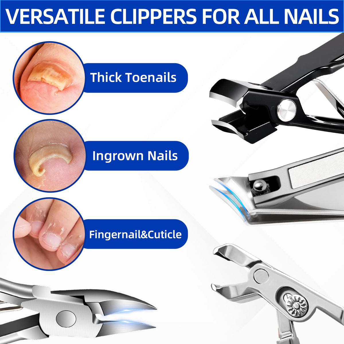 NURIUN angled-head toenail clipper extends reach for easier trimming.