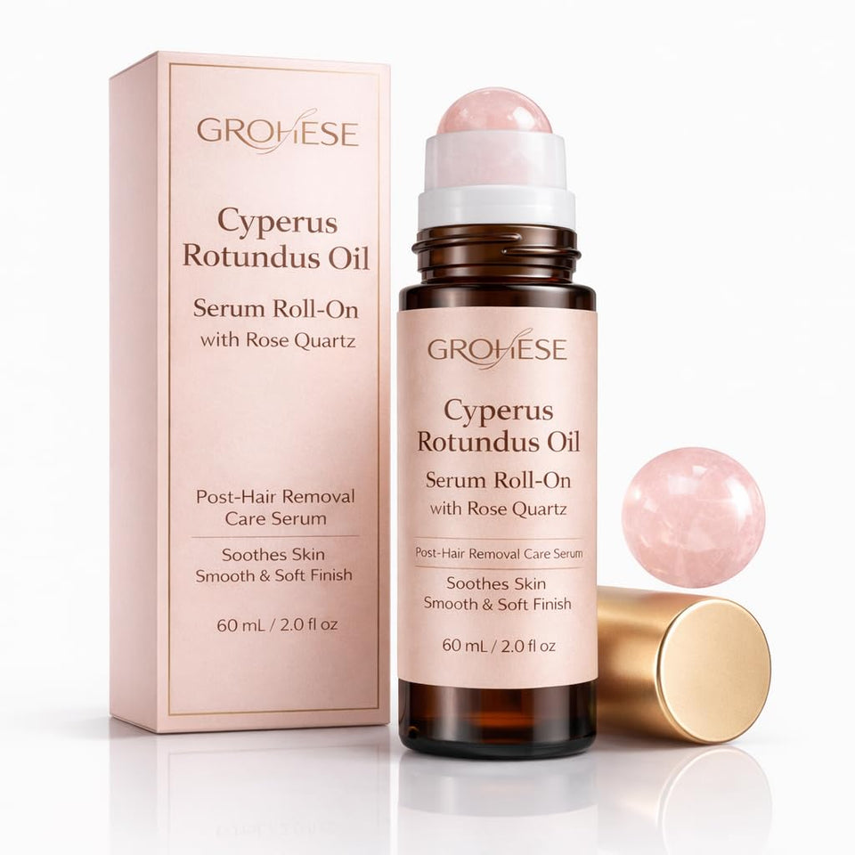 NUROOT cyperus-rotundus-oil-serum-roll-on with rose quartz for gentle, fast-absorbing skin nourishment.