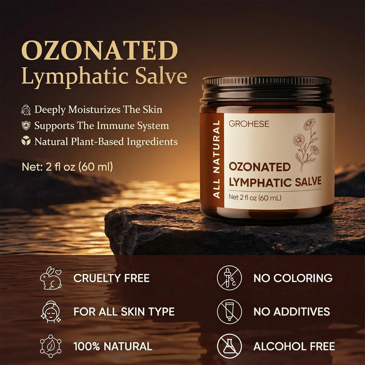 NUROOT lymphatic salve jar closeup for nourishing application and soothing massage sessions.