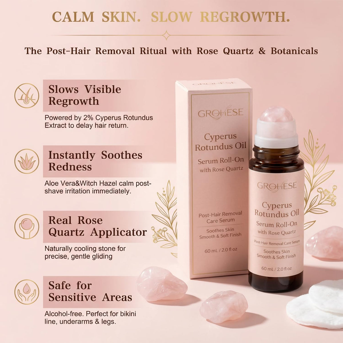 NUROOT rose-quartz roller close-up highlights soothing, non-greasy body oil.