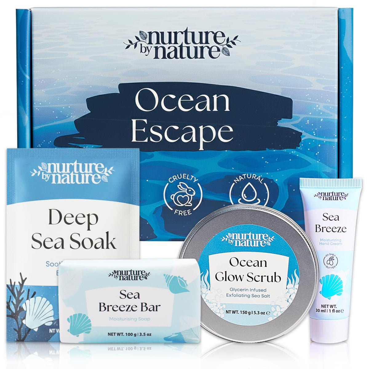Nurture by Nature Bath Gift Set packaging showcases a premium spa gift for her