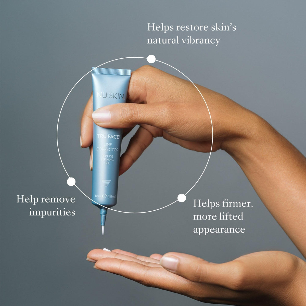 Nu Skin Tru Face Line Corrector near forehead wrinkles for smoother skin.
