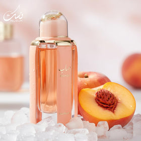 Nusuk Mahab fragrance notes card highlights red fruits and musk hints.