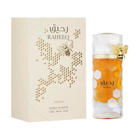 Nusuk Raheeq perfume packaging display conveys luxury gifting appeal.