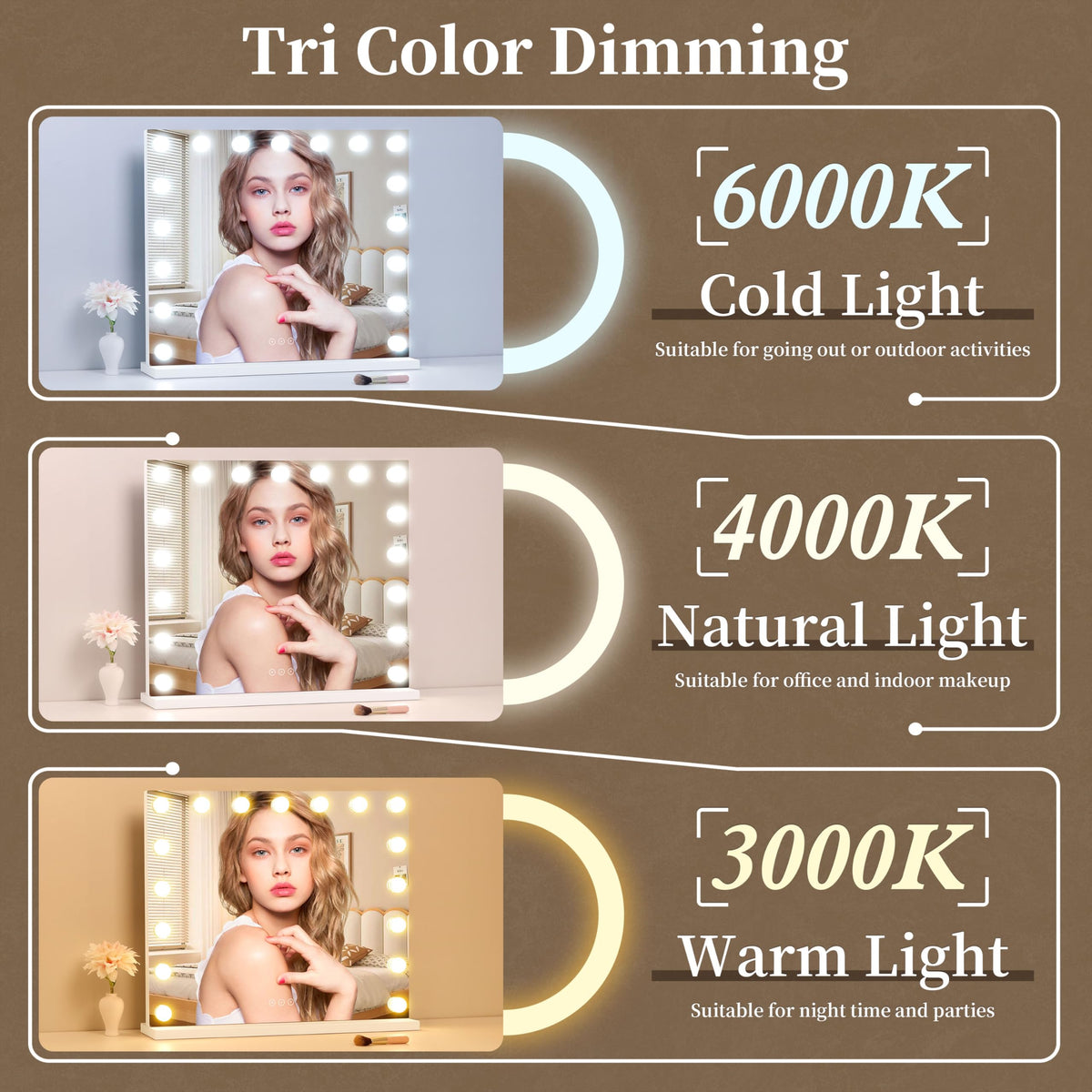 NUSVAN vanity mirror showing three color modes for day or night looks.