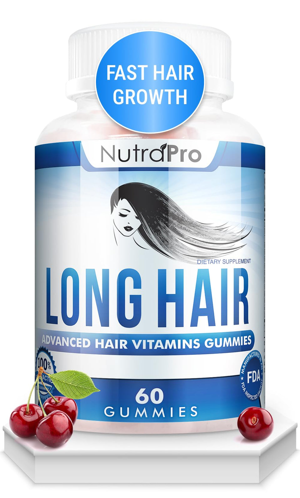 NutraPro Long Hair Gummies bottle front showing cherry flavor and branding for hair health.