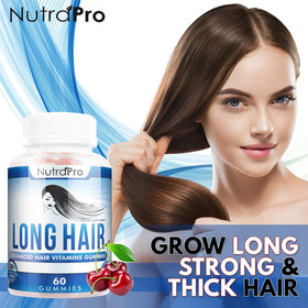NutraPro Long Hair Gummies bottle side view highlighting packaging and dosing.