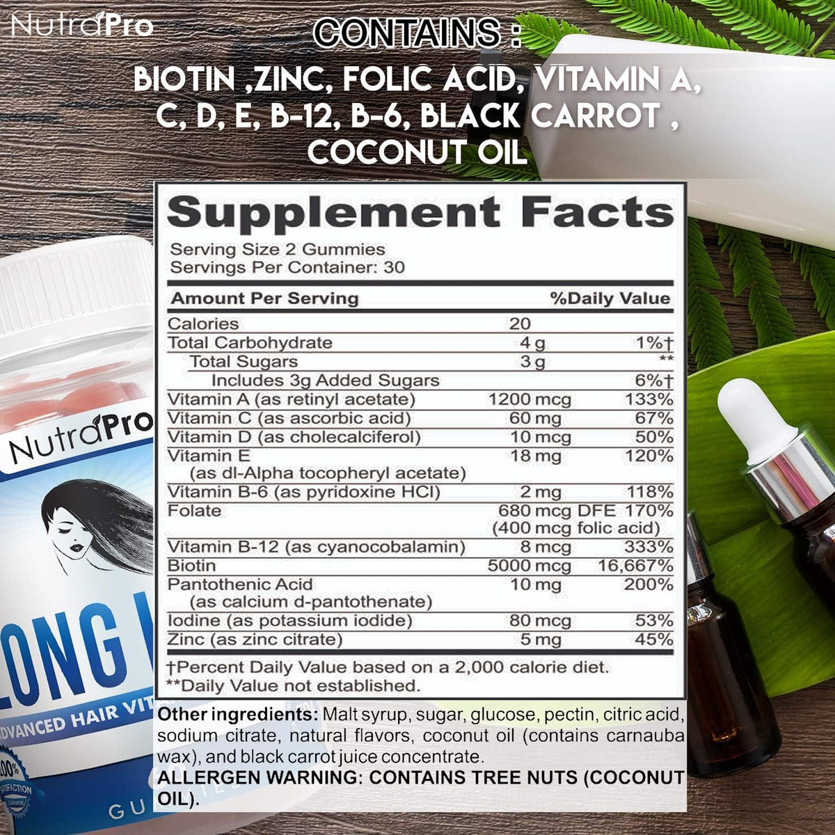 Ingredients label of NutraPro Long Hair Gummies emphasizing biotin and vitamins.