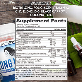 Ingredients label of NutraPro Long Hair Gummies emphasizing biotin and vitamins.