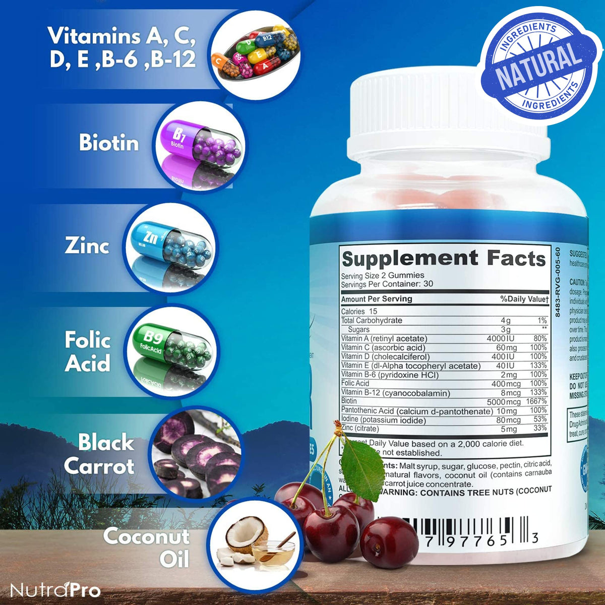 Packaging-wrap shot of NutraPro Long Hair Gummies in a GMP-ready container.