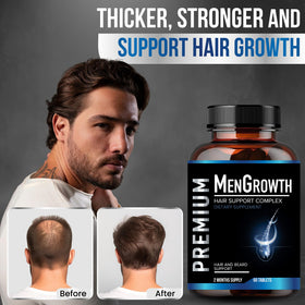 NutraPro Men's Hair Growth bottle back label—daily serving details for hair and beard support.