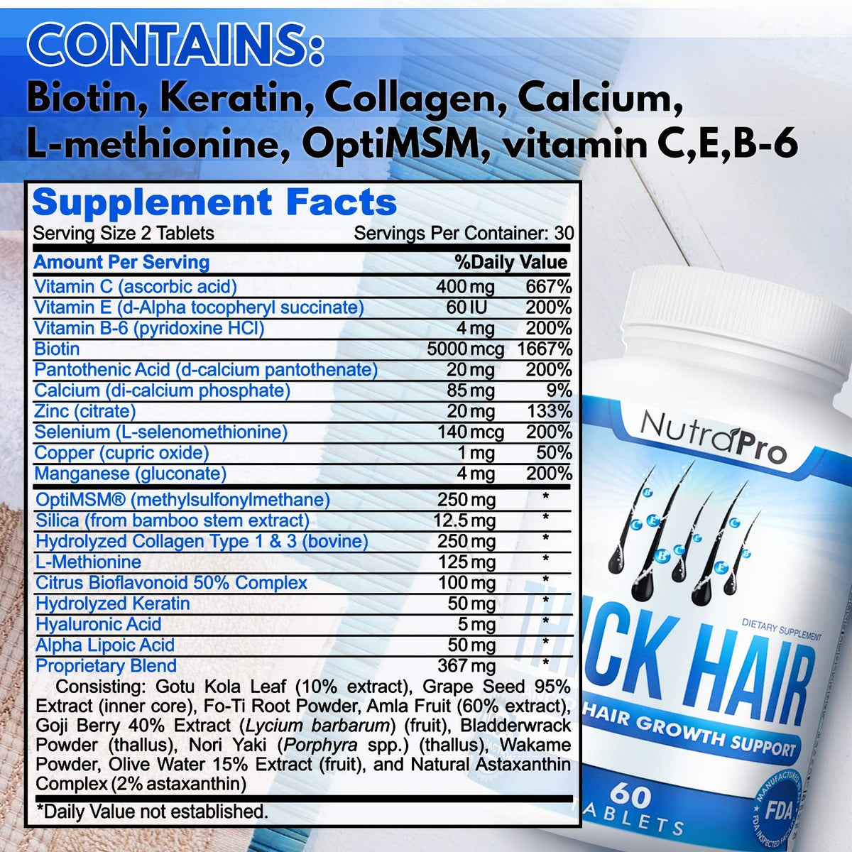 NutraPro Thick Hair Growth Vitamins daily-use bottle promotes hair vitality and confidence.