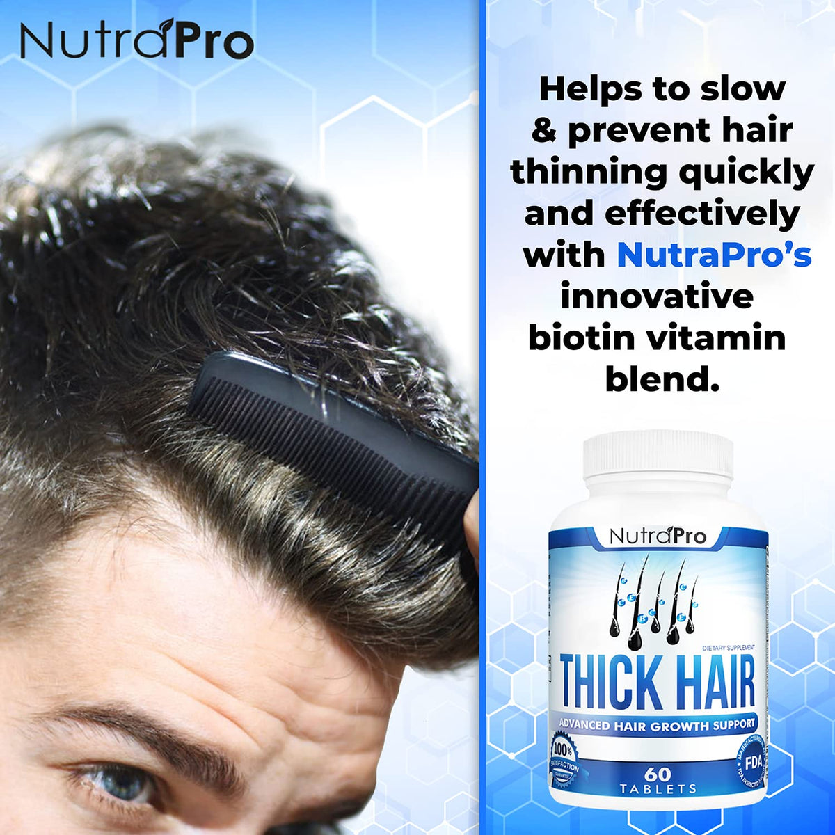 NutraPro Thick Hair Growth Vitamins label detail highlights keratin and collagen benefits.