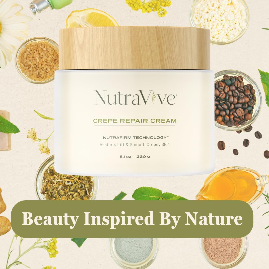 Open jar of NutraVive Crepe Repair Cream with rich consistency