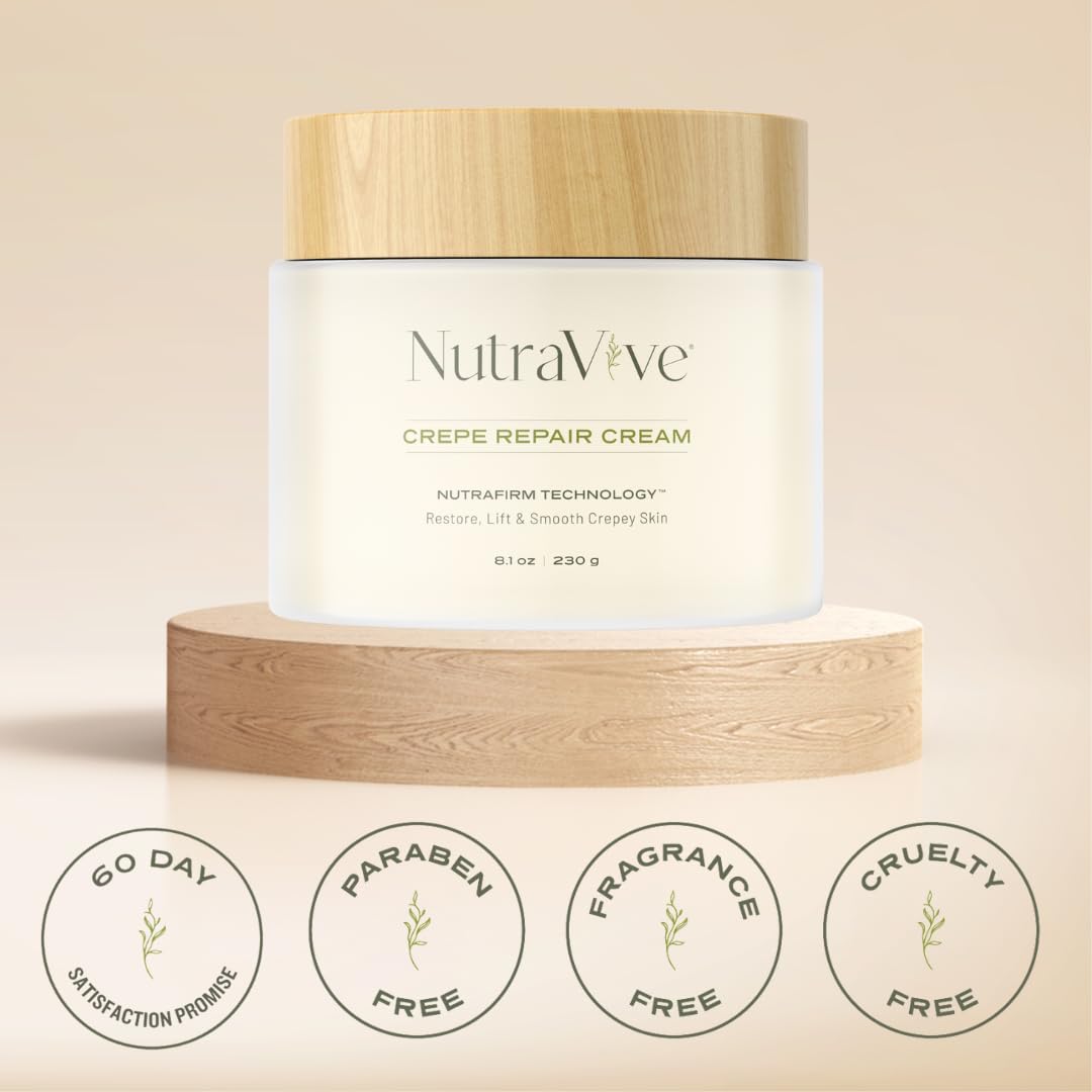 Packaging box of NutraVive Crepe Repair Cream showing cruelty-free USA formulation