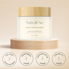 Packaging box of NutraVive Crepe Repair Cream showing cruelty-free USA formulation