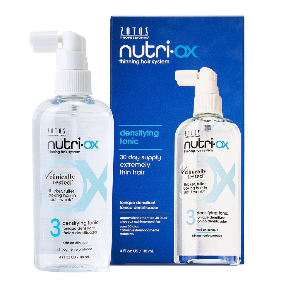 Nutri-Ox densifying tonic bottle close-up for thicker-looking hair.