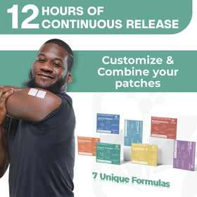 Nutri-Patch Energy B12 Complex packaging close-up highlights dye-free, fragrance-free formula.