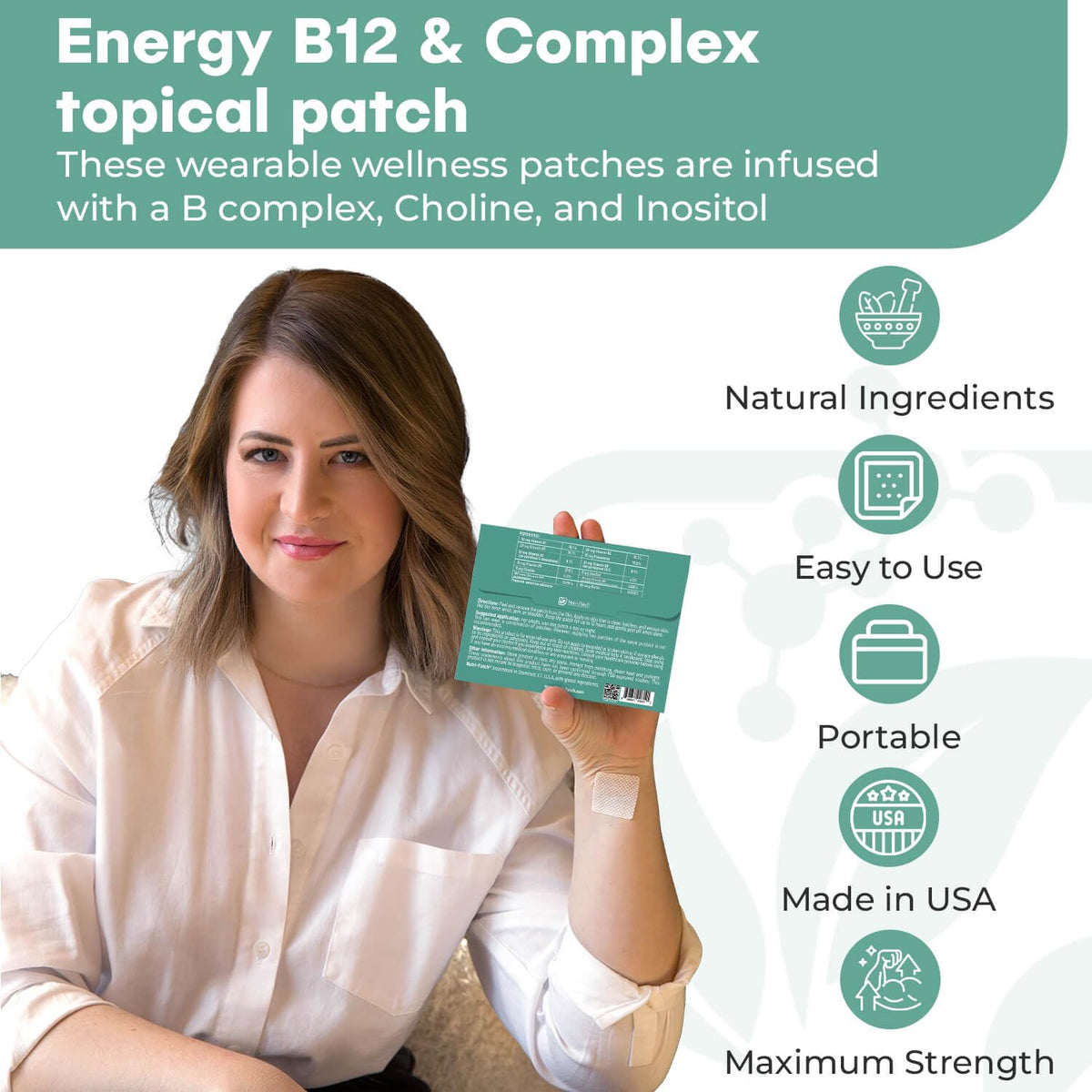 Nutri-Patch Energy B12 Complex patch on skin demonstrates continuous 8-12 hour release.