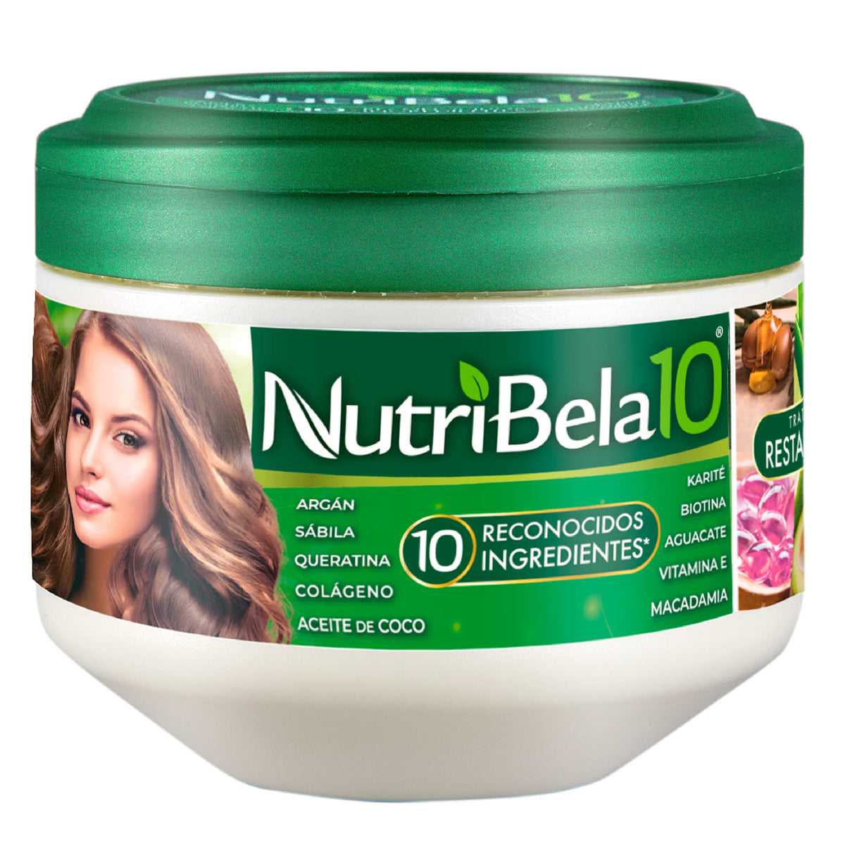 Nutribela10 Hair Mask bottle with avocado-argan blend for nourished, shinier hair