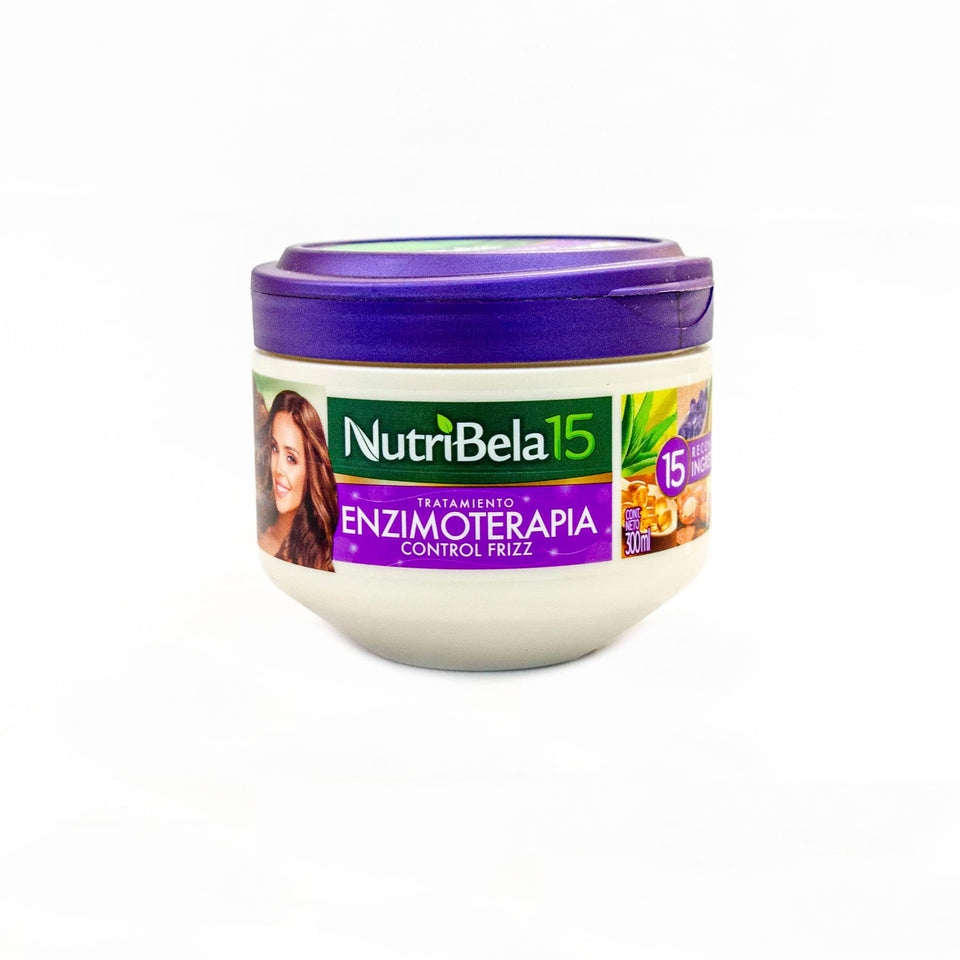 Nutribela15 Enzymotherapy 15 bottle front highlights heat protection and frizz control for daily styling.