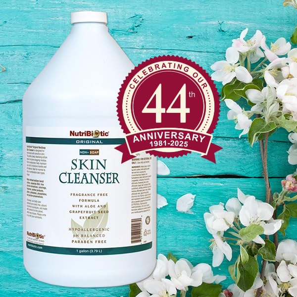 NutriBiotic Original Non-Soap Skin Cleanser label highlighting pH-balanced, biodegradable, cruelty-free skincare.