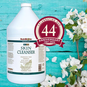 NutriBiotic Original Non-Soap Skin Cleanser label highlighting pH-balanced, biodegradable, cruelty-free skincare.
