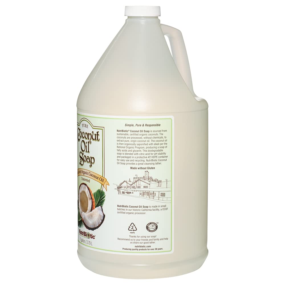 NutriBiotic Organic Coconut Oil Soap unscented 1 gal—packaging highlights eco-friendly materials.