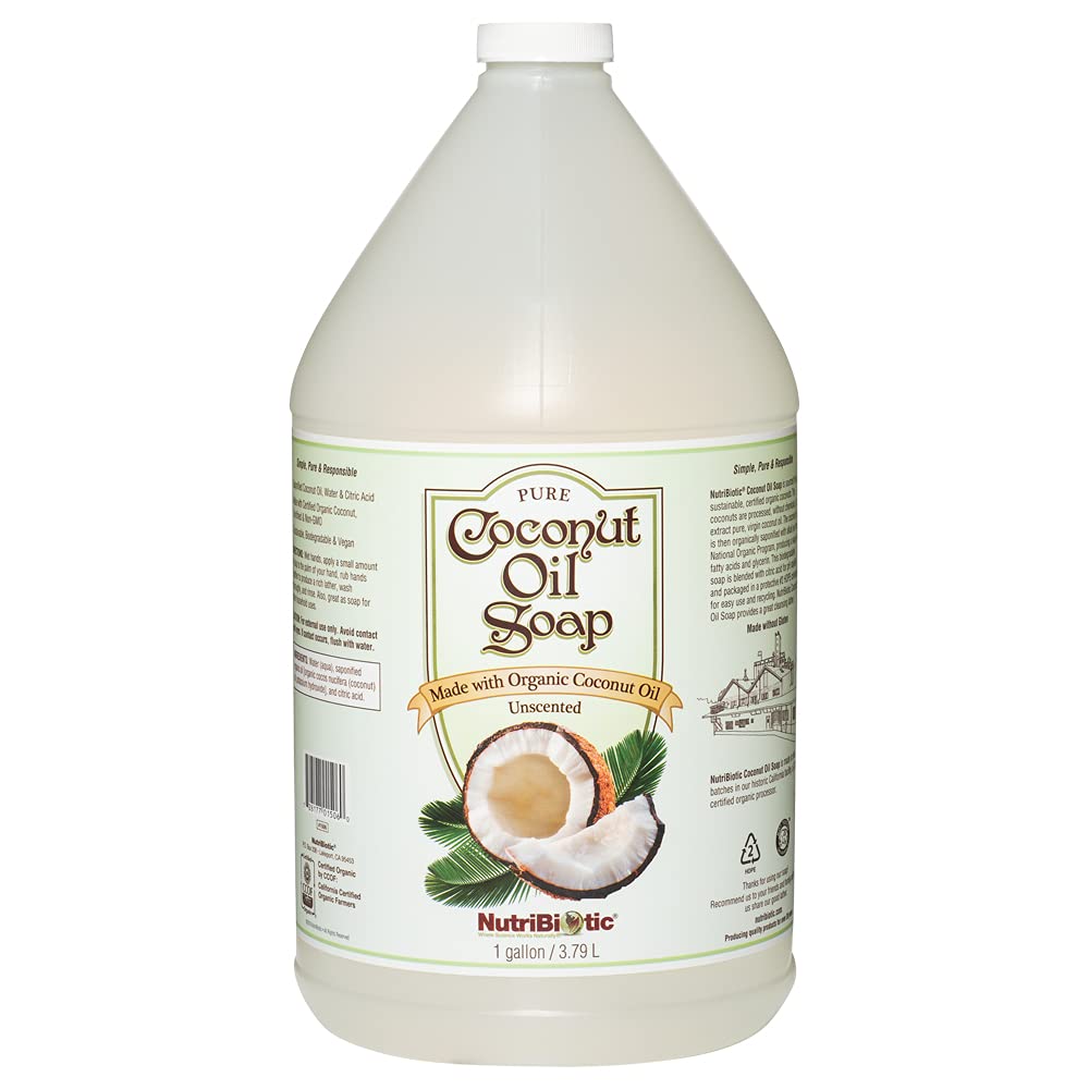 NutriBiotic Pure Coconut Oil Soap unscented 1 gal bottle pour for gentle cleansing.