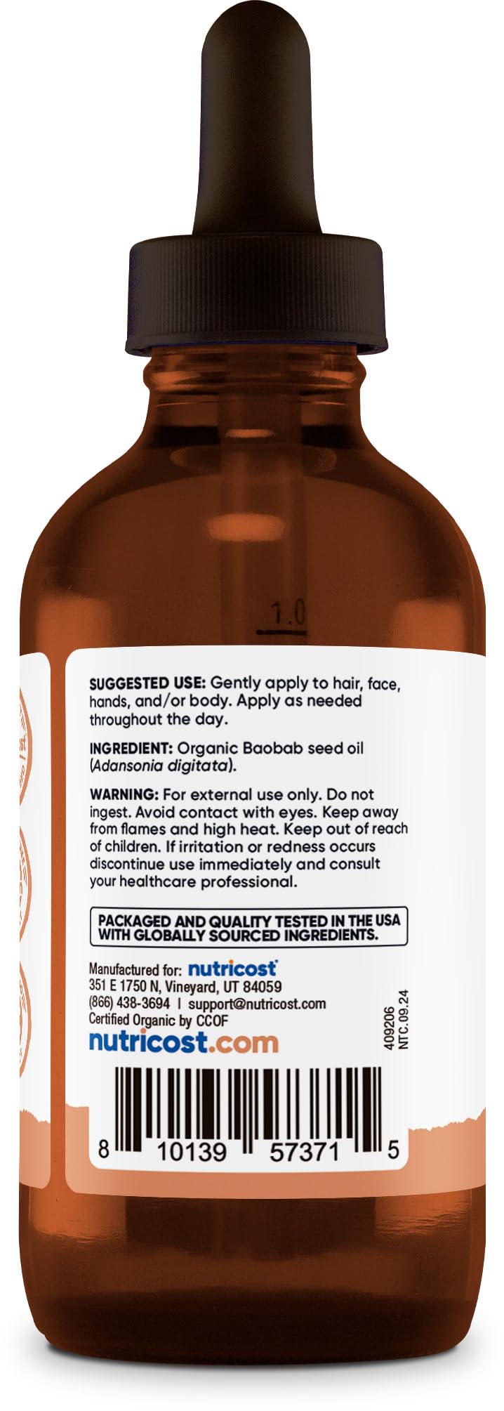 Nutricost Organic Baobab Oil label with USDA organic certification.