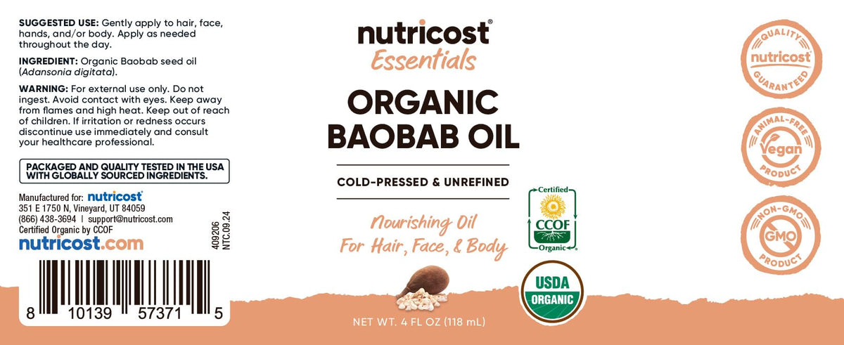 Nutricost Baobab Oil vegan, GMO-free formula for clean care.