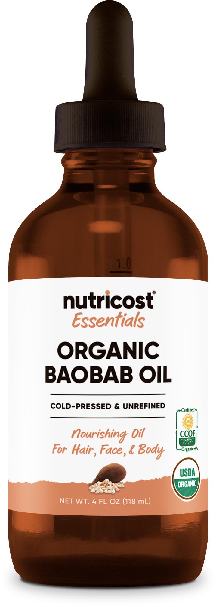 Nutricost Organic Baobab Oil bottle for daily moisture on hair and skin.