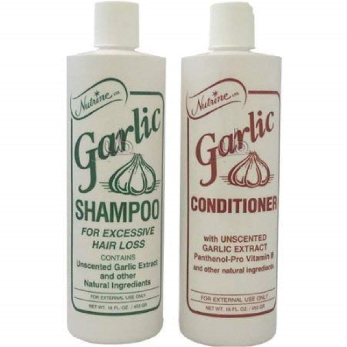 Nutrine Garlic Conditioner bottle side for nourishing hair without fragrance.
