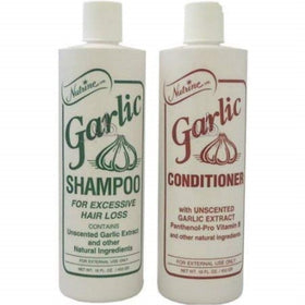 Nutrine Garlic Conditioner bottle side for nourishing hair without fragrance.