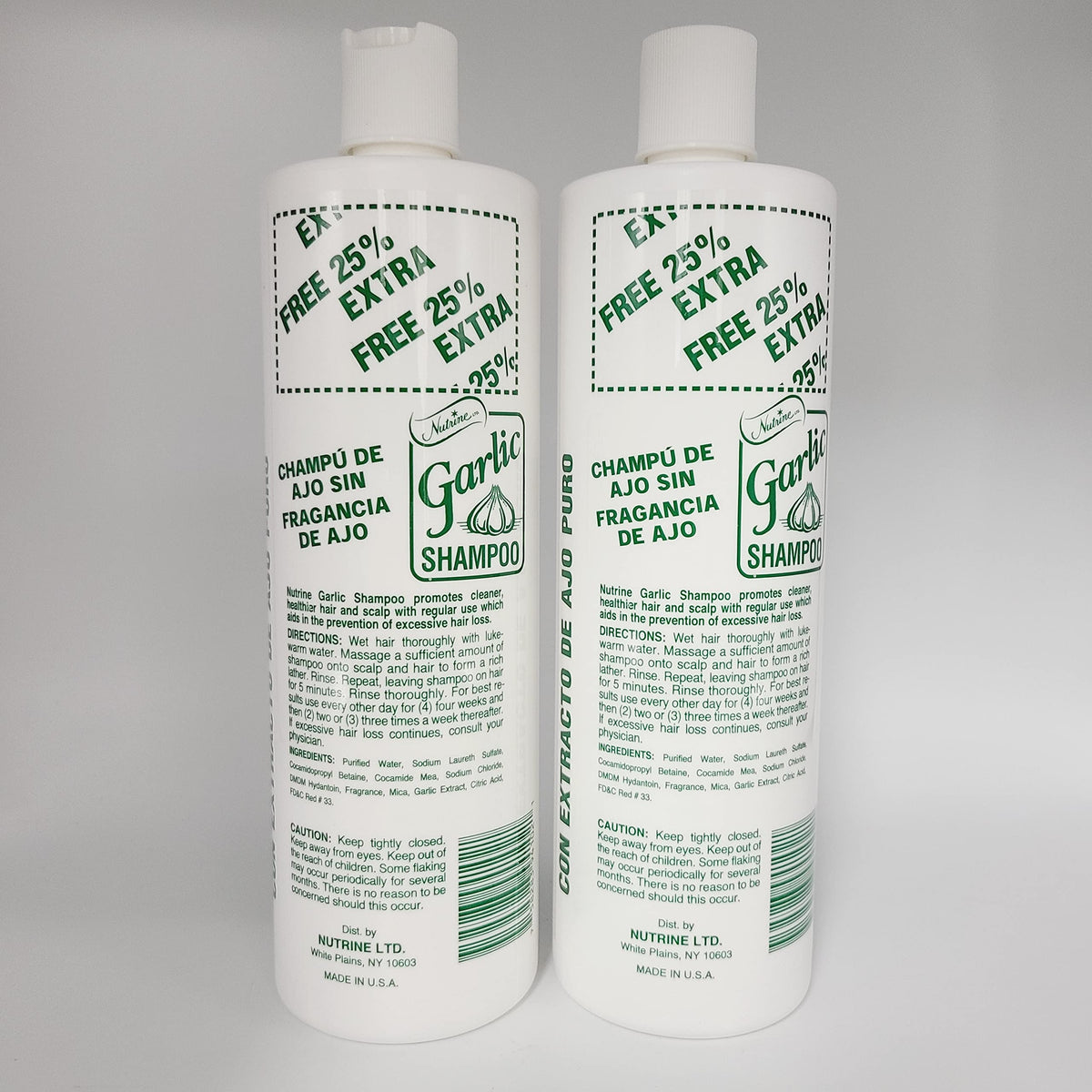 Nutrine Garlic Shampoo Unscented 20-ounce bottle back label, highlighting natural ingredients and economical 2-pack value.