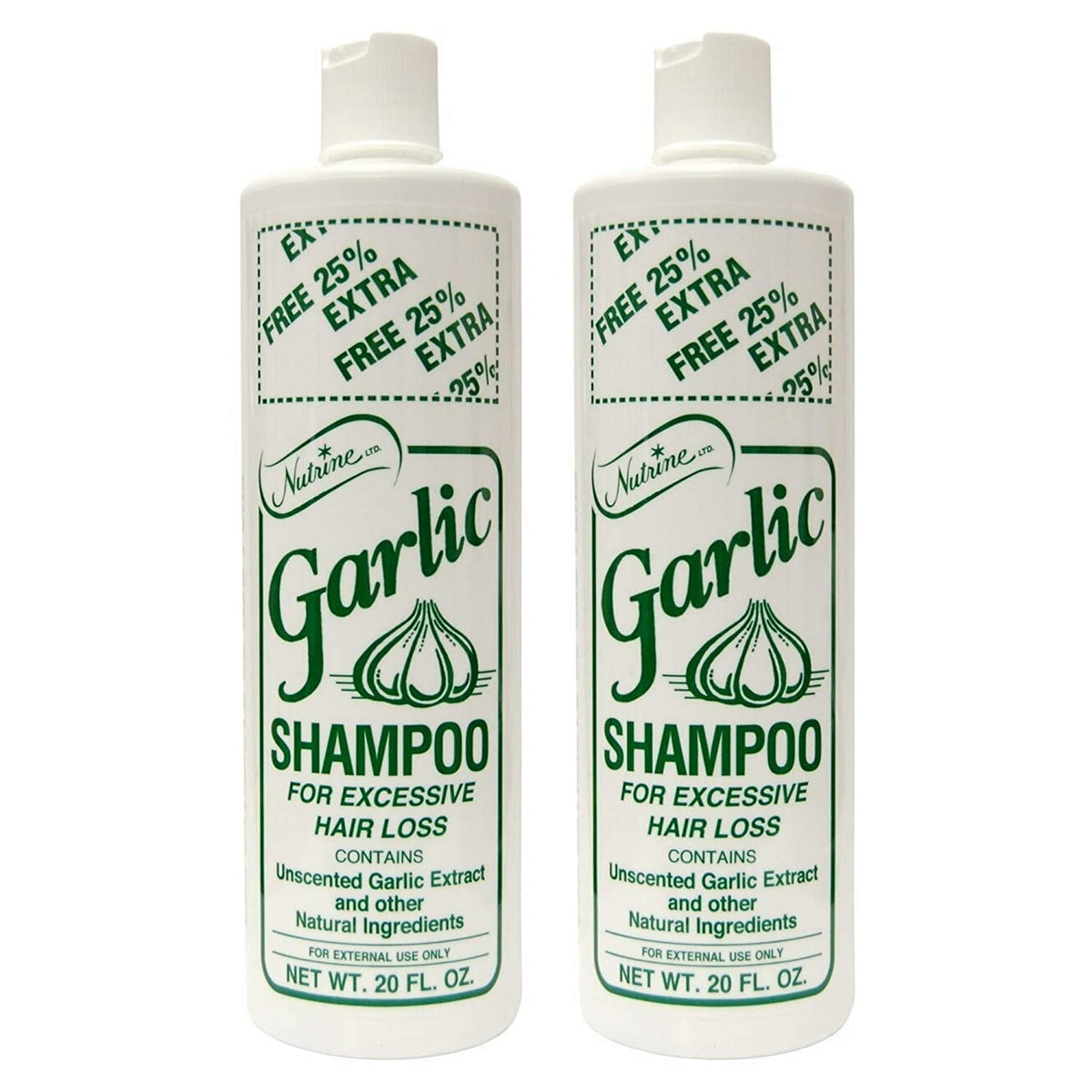 Nutrine Garlic Shampoo Unscented 20-ounce bottle front, fragrance-free option for sensitive scalps.