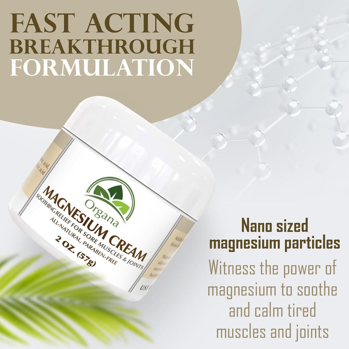 Organa Magnesium Cream applied on arm to illustrate leg cramps relief potential.