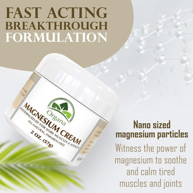 Organa Magnesium Cream applied on arm to illustrate leg cramps relief potential.