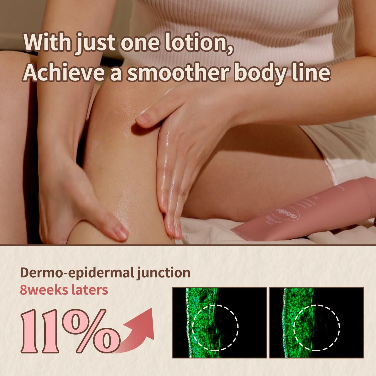 Hands massage Nutseline lotion into skin to promote smoother texture