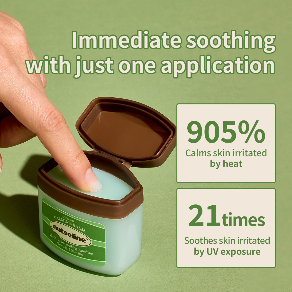Nutseline Cica Nut Calming Balm applied on the face for quick soothing relief.