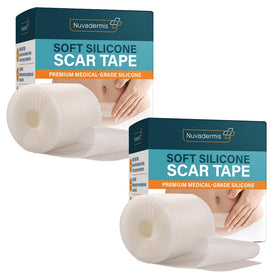 NUVADERMIS clear scar tape roll shows 120-inch coverage for long wear
