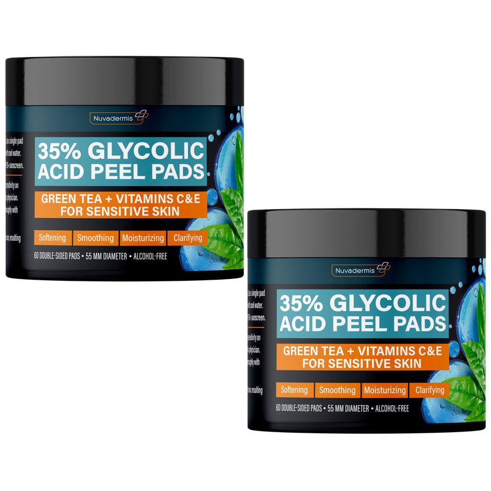 NUVADERMIS glycolic peel pads packaging highlights alcohol-free formula for gentle exfoliation.